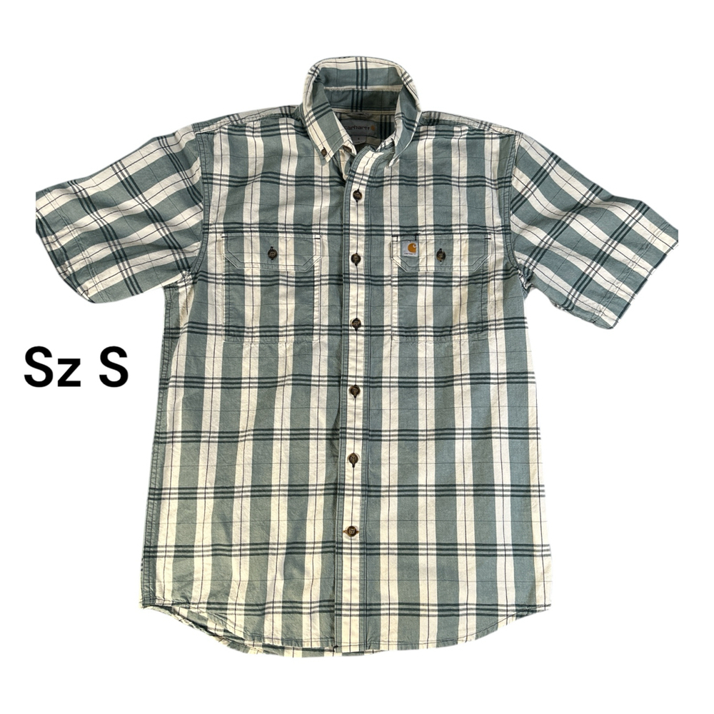 Carhartt Shirt Men’s Small Green Beige Plaid Short Sleeve Button Up Cotton Work